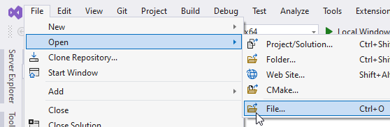 Visual Studio's File menu with the item named File selected under the submenu named Open