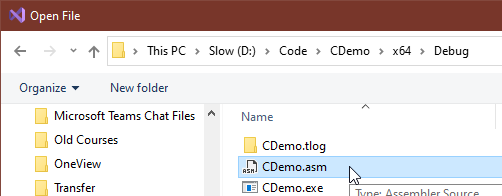 Visual Studio's Open File dialog with an assembly file selected