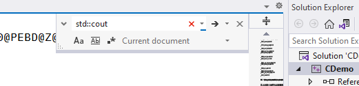 Visual Studio with the text finder flyout and an entry of "std::cout"