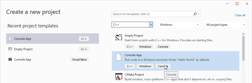 Visual Studio 2022 dialog box to create a new project, with the C++ console app project type highlighted