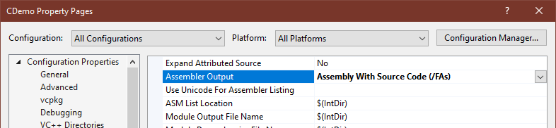 Visual Studio C++ solution properties dialog with the "Assembler Output" option changed to "Assembly With Source Code (/FAs)