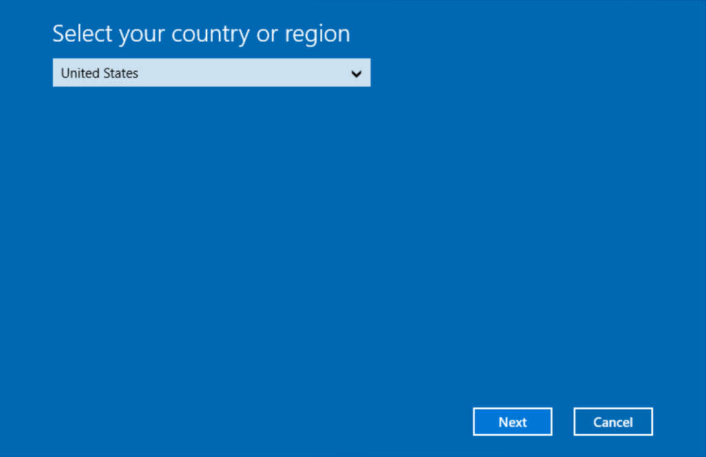 Windows displayed by Windows licensing interface for region selection