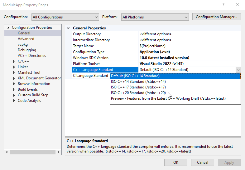 Screenshot of the General section of the Configuration Properties tree on a Visual C++ project properties dialog. The C++ Language standard selection is open with all available standard levels displayed.