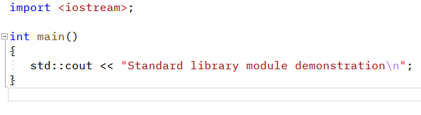 Screenshot of previous code when pasted into a default Visual C++ project. Showcases red squiggles for the imports statement and everything that depends on it because Visual C++ defaults do not recognize modules.