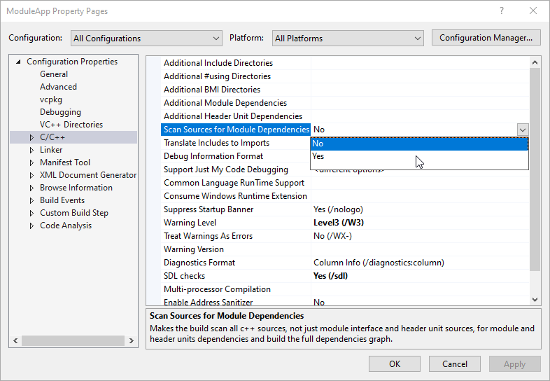 Screenshot of the C/C++ sub-section of the Configuration Properties tree on a Visual C++ project properties dialog. The Scan Sources for Module Dependencies drop-down is open with the Yes/No options displayed.