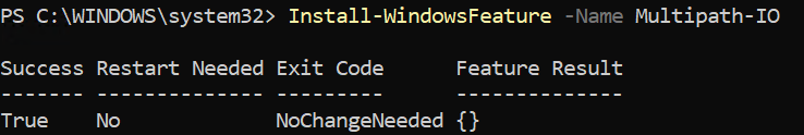 screenshot of run of Install-WindowsFeature -Name Multipath-IO
