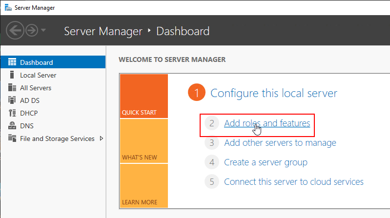 screenshot of the Server Manager dashboard with focus on the Add roles and features item