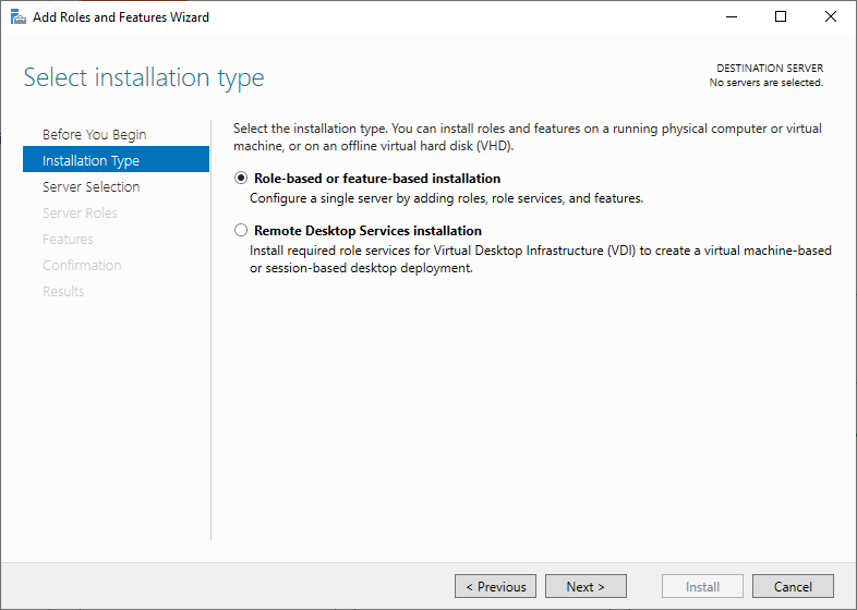 screenshot of Add Roles and Feature Wizard's Installation Type page with Role-based or feature-based installation selected