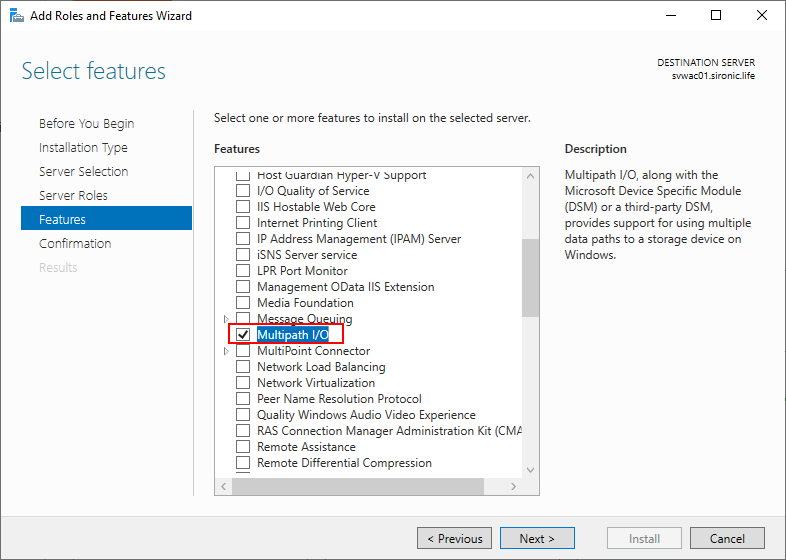 screenshot of the Add Roles and Features Wizard's Select Feature page with the Multipath I/O feature focused and checked