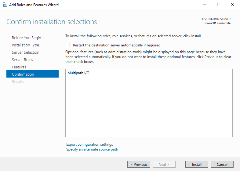 screenshot of the Add Roles and Feature Wizard's confirmation page, showing that it will install the Multipath I/O feature