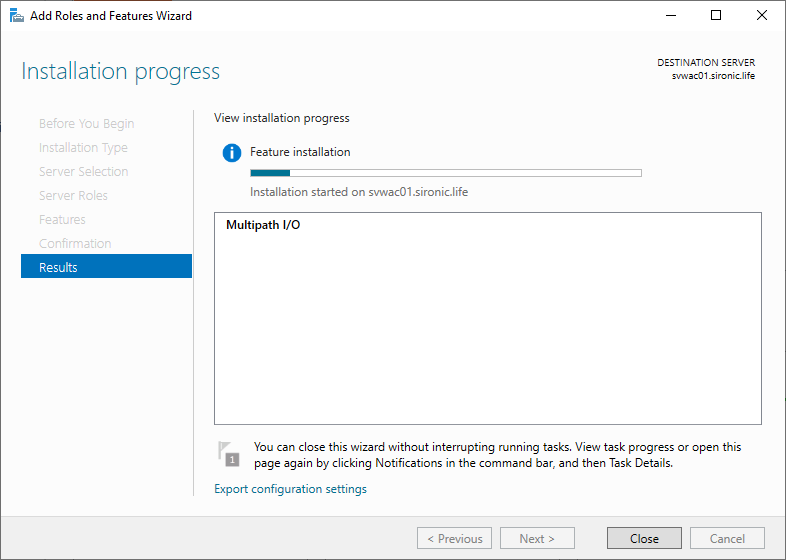 screenshot of the Add Roles and Feature Wizard in the middle of installing the Multipath I/O feature