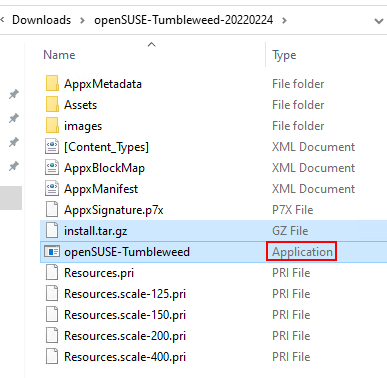Screenshot of zipped contents of openSUSE-Tumbleweed-20220224.zip with install.tar.gz and openSUSE-tumbleweed.exe highlighted
