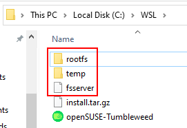 Screenshot of the folder that contains an installed openSUSE WSL instance, with the rootfs, temp, and fsserver items outlined to draw focus