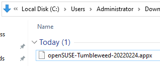Screenshot of a downloaded openSUSE-Tumbleweed-20220224.appx file