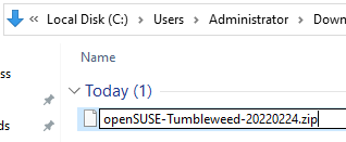 Screenshot of a downloaded openSUSE-Tumbleweed-20220224.appx file being actively renamed to .zip