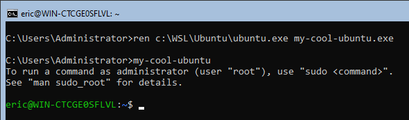 Screenshot of a renamed WSL distribution running successfully