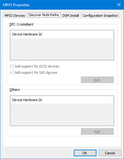 Screenshot of the Windows Server MPIO control panel, opened to the "Discover Multi-Paths" tab and all options grayed