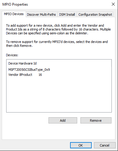 Screenshot of the Windows Server MPIO control panel, opened to the "MPIO Devices" tab, with iSCSI support added