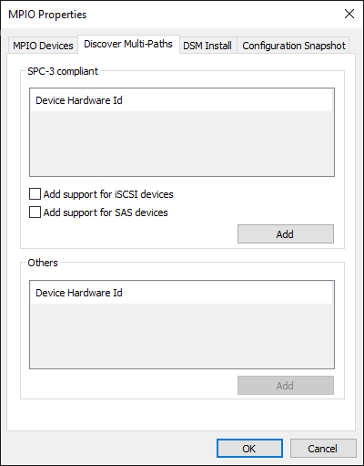 Screenshot of the Windows Server MPIO control panel, opened to the "Discover Multi-Paths" tab