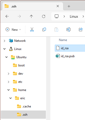 Screenshot of the .ssh folder on a Windows Subsystem for Linux guest in Explorer