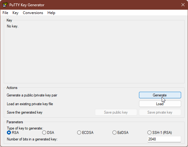 Screenshot of empty PuTTYgen window to highlight Generate key