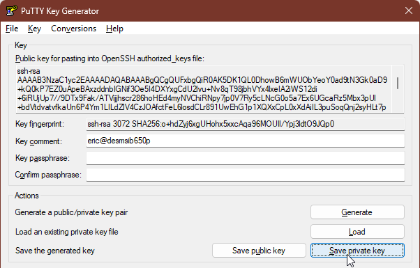 Screenshot of main PuTTYgen interface after importing a key file