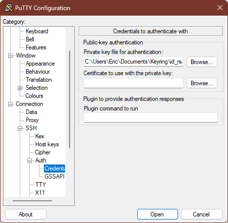 Screenshot of PuTTY's Credentials tab with a private key file selected