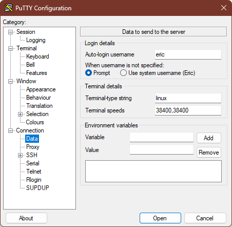 Screenshot of the Data tab of PuTTY with an auto-login username entered