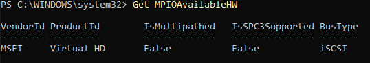 Screenshot of output of Get-MOIOAvailableHW with a single unclaimed iSCSI device