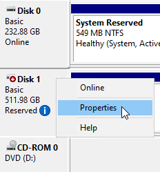 Screenshot of Disk Management with the Properties menu item of a disk highlighted.