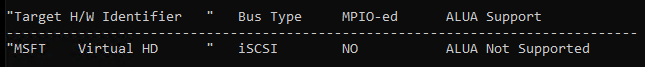 Screenshot of output of mpclaim -e with an unclaimed iSCSI device present