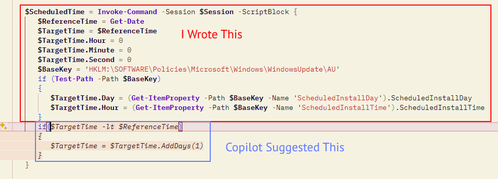 Screenshot of a Visual Studio Code session with manually typed code and Github Copilot suggested code.